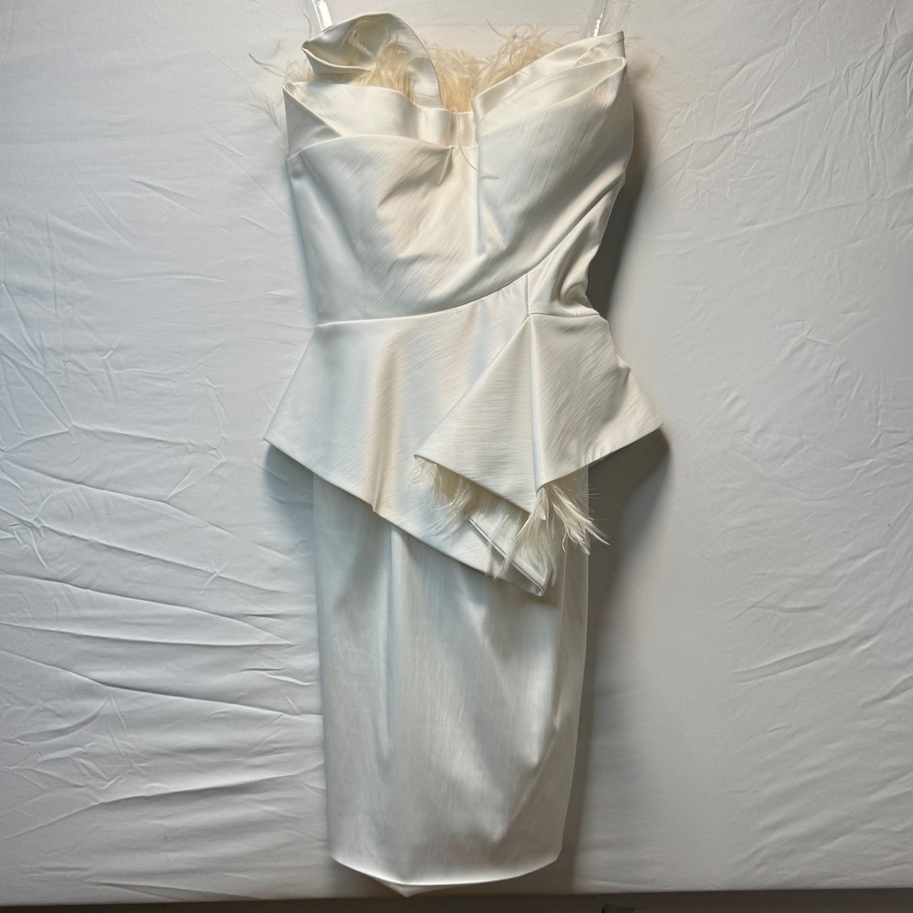 Mandalay White Strapless Peplum Cocktail Dress Feather Trim Size 2 Wedding Event